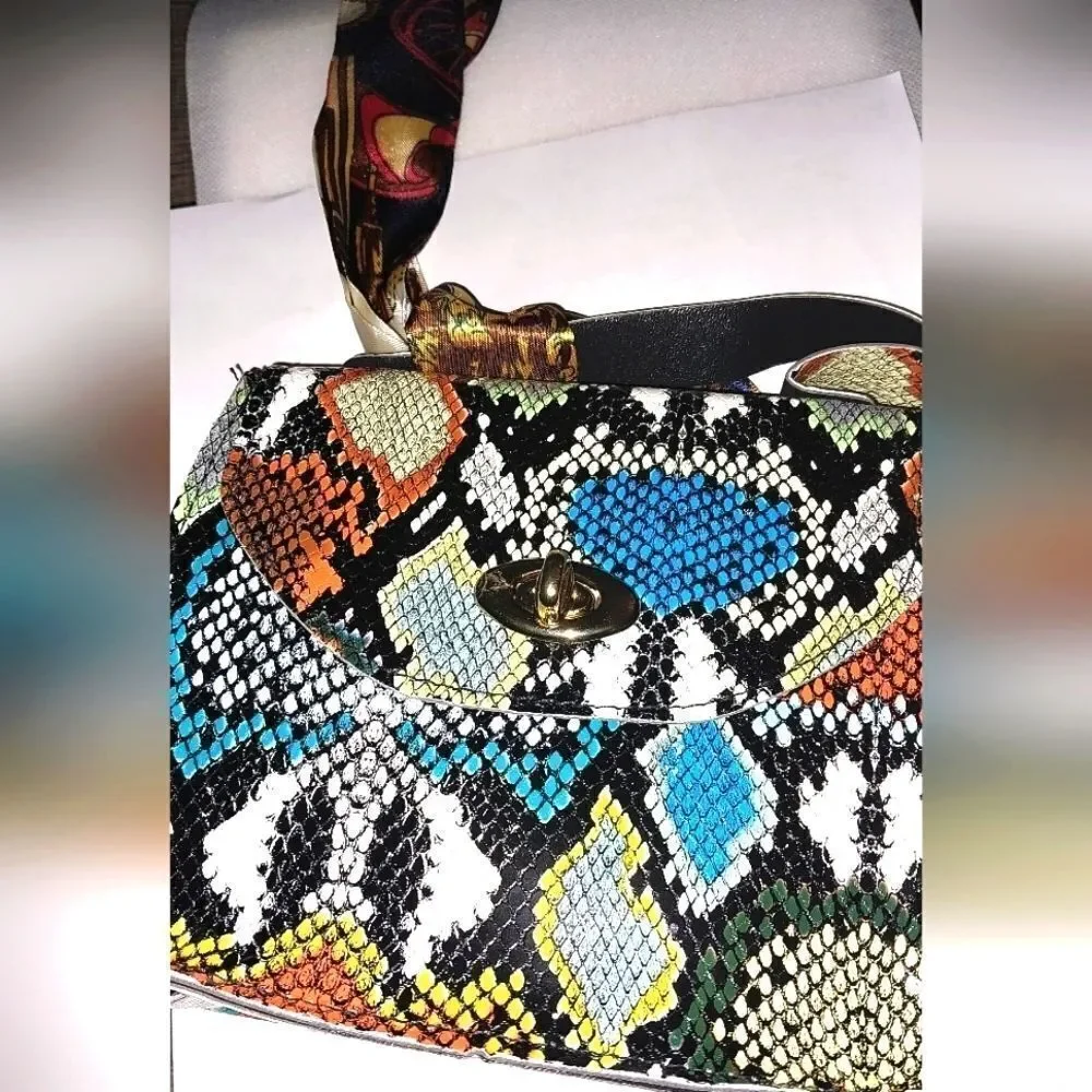 Women's Mini Snakeskin Embossed Handbag, Twilly Scarf Decor Flap Square Purse
